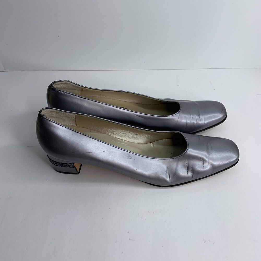 Womens Salvatore Ferragamo Metallic‎ Silver Dressy Pump Low Heels Size US 10 4A